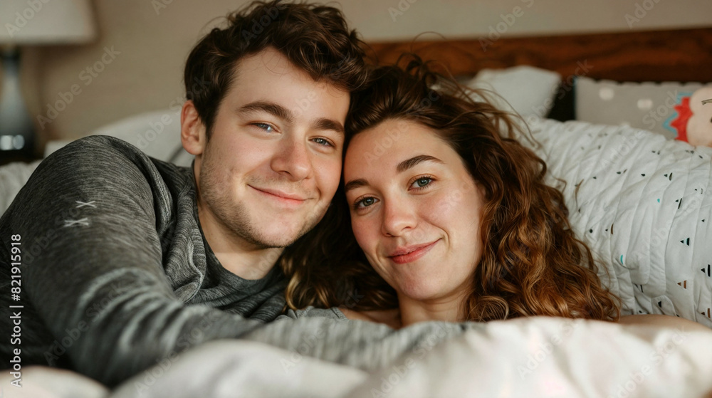 A young couple, a man and a woman, are lying in bed and hugging. Couple in love. A young couple, a man and a woman, are lying in bed and hugging. Couple in love.