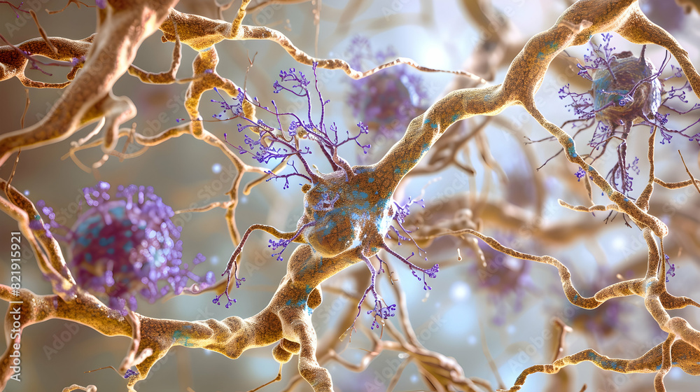Neurons in Alzheimer's disease. Illustration showing amyloid plaques in