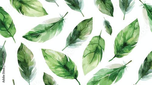 Green leaves and feather watercolor pattern for background