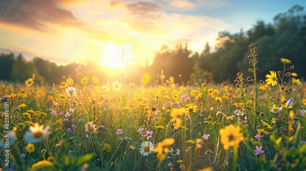 field of yellow and white flowers with sun in the background