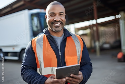 A smiling man in an orange safety vest is holding a tablet, with a truck in the background.