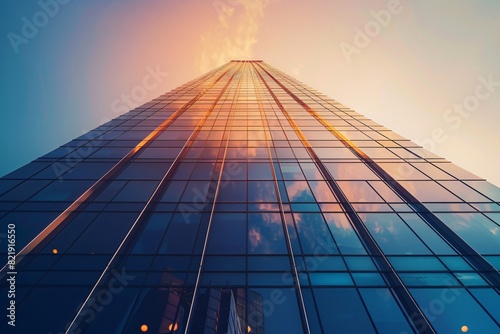 A tall skyscraper made of reflective glass is shown from a low angle