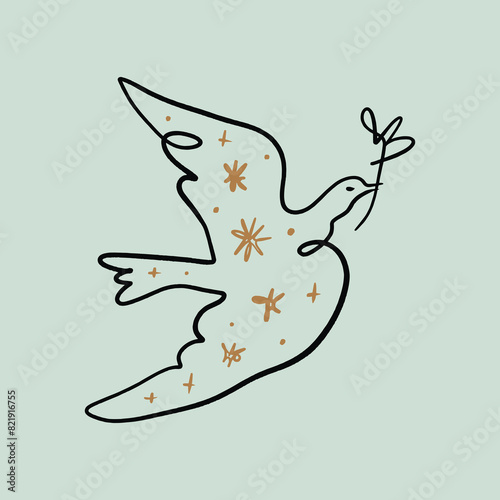 Line art minimalistic dove logo or label. Flying pigeon ink sketch drawing. Celestial constellation folk bird illustration. Good for greeting card, banner, flyer, poster, wall handing and room decor.