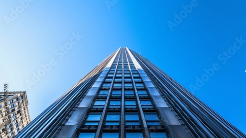 A tall skyscraper with blue reflective windows reaching up to a clear blue sky