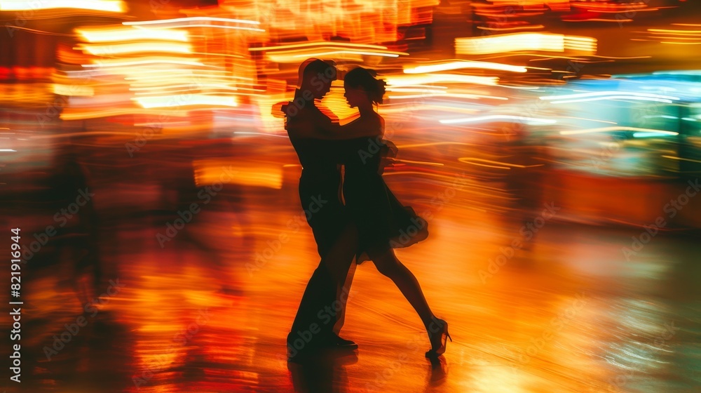 A couple embraces in a close dance, captured in a surreal setting of neon lights and city blur, emphasizing movement and emotion. A couple embraces in a close dance, captured in a surreal setting of neon lights and city blur, emphasizing movement and emotion.