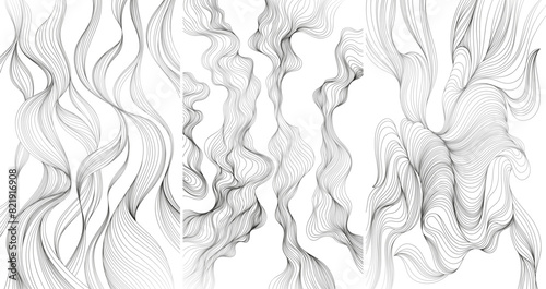 Hand drawn abstract illustration with wavy lines and curves collection. Isolated smoke on white background set.