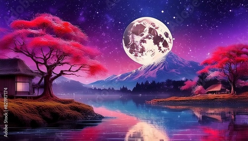 Landscape painting of a full moon over a lake Peaceful night scene with a glowing moon Moonlight reflecting on the water s surface art colorful painting background