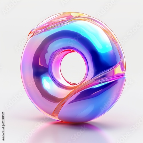 A colorful glass object with a holographic, minimalistic, doughnut-shaped design sitting on a sleek table. Generative AI