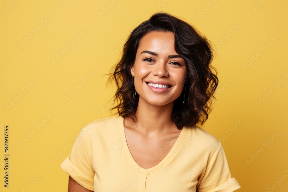 Portrait of a satisfied woman in her 30s smiling at the camera in pastel yellow background Portrait of a satisfied woman in her 30s smiling at the camera in pastel yellow background