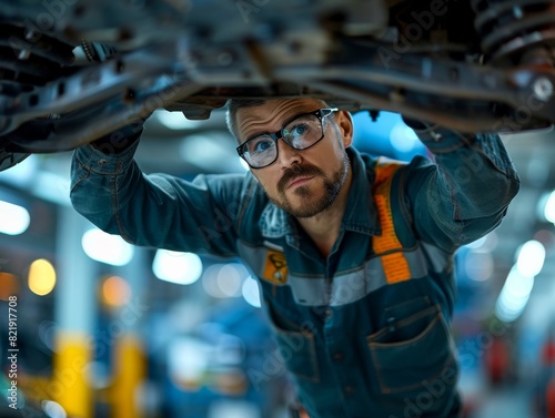 mechanic worker service checking under car in garage for repair