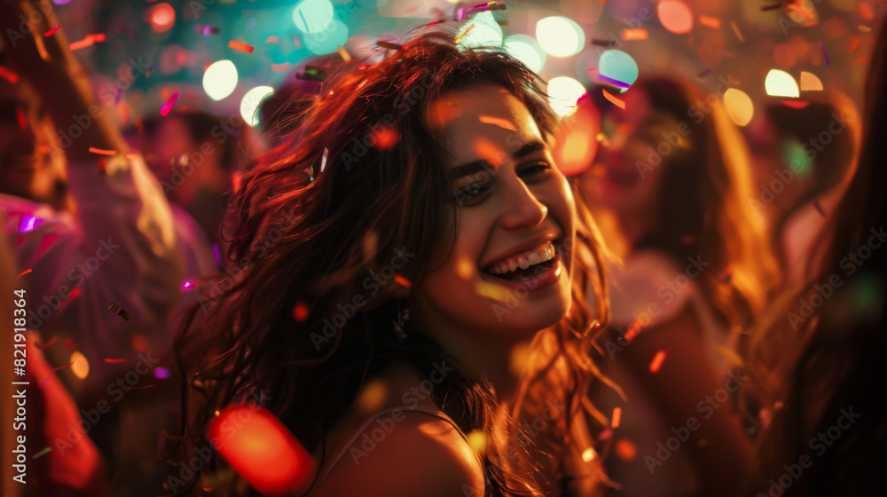 A woman is dancing and smiling in a party with many people around her. The atmosphere is lively and fun A woman is dancing and smiling in a party with many people around her. The atmosphere is lively and fun