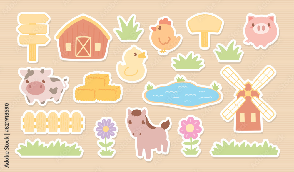 Fototapeta premium cute kawaii style hand drawn cartoon graphic element vector set in farm concept