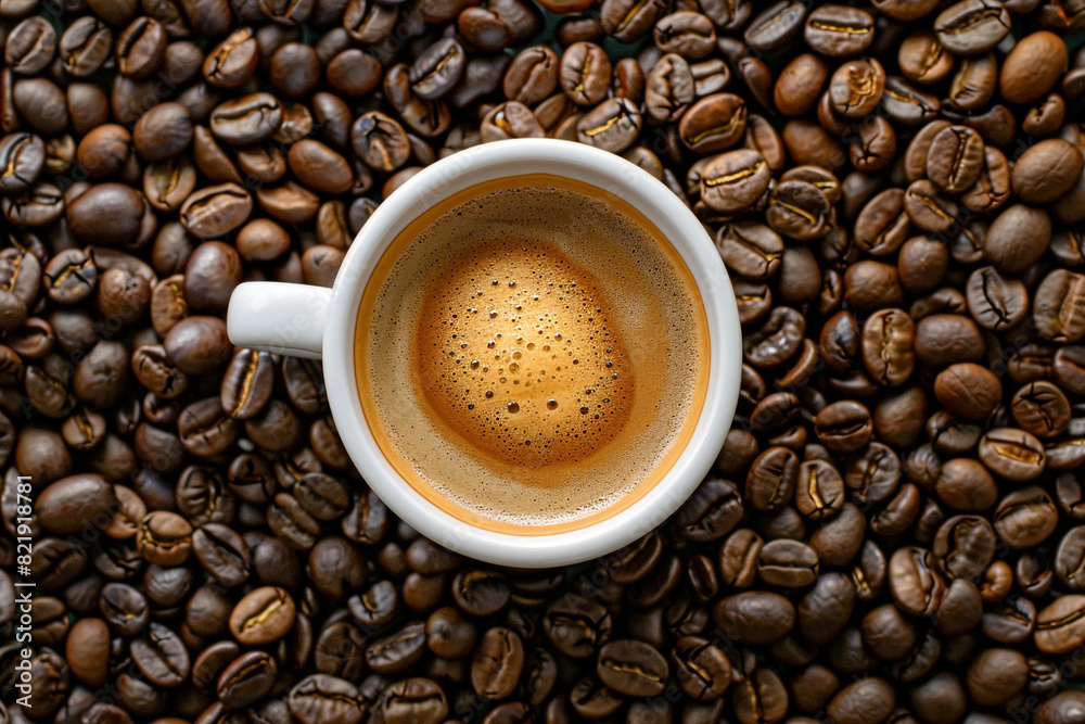 Top View of a Coffee Cup Surrounded by Coffee Beans Top View of a Coffee Cup Surrounded by Coffee Beans