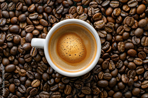 Top View of a Coffee Cup Surrounded by Coffee Beans 