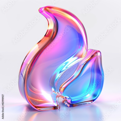 Vibrant holographic fire icon in minimalistic clear glass, against a white backdrop.