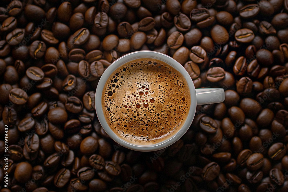Top View of a Coffee Cup Surrounded by Coffee Beans Top View of a Coffee Cup Surrounded by Coffee Beans