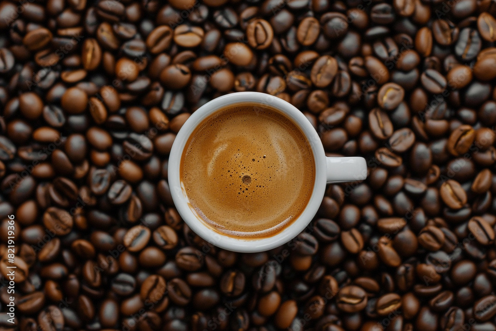 Top View of a Coffee Cup Surrounded by Coffee Beans 