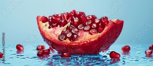 Close-up of a juicy, red pomegranate slice with arils and water droplets on a blue background. photo