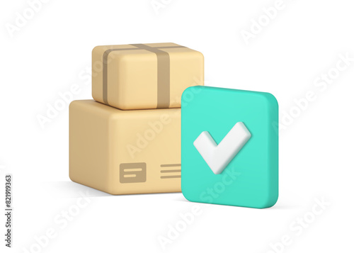 Courier delivery service cardboard box parcel success send receive checkbox 3d icon vector