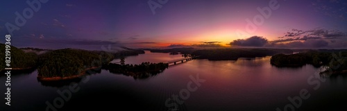 Aerial view of Bethany bridge over Lake Allatoona in Georgia, USA at purple sunset photo