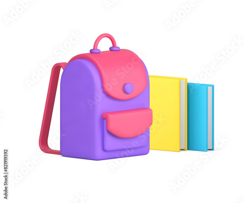 Educational backpack with paper books stack back to school knowledge learning 3d icon vector