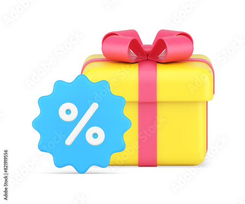 Shopping clearance special offer percentage sale discount wrapped gift box with bow 3d icon vector