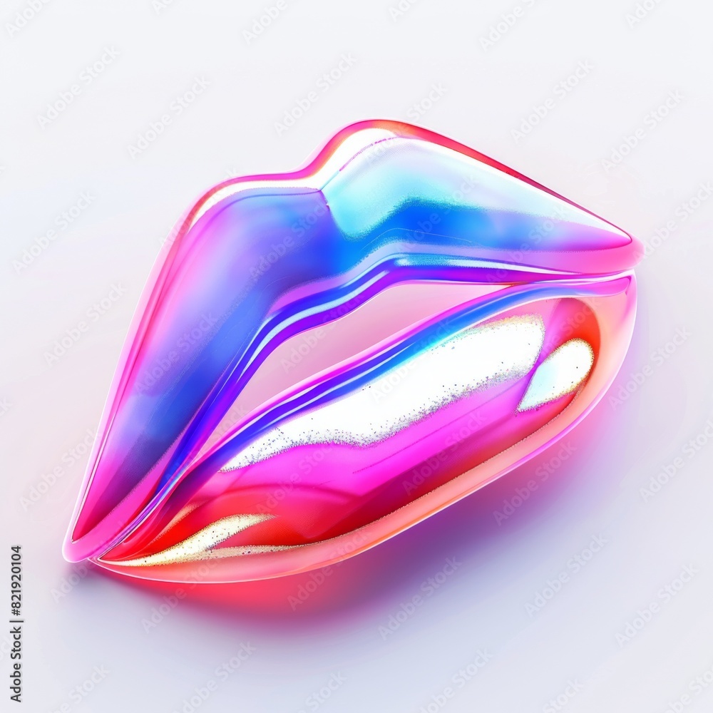 Glimmering kiss mark. A shiny lip-shaped object with a kiss mark design, reflecting light on a white surface.