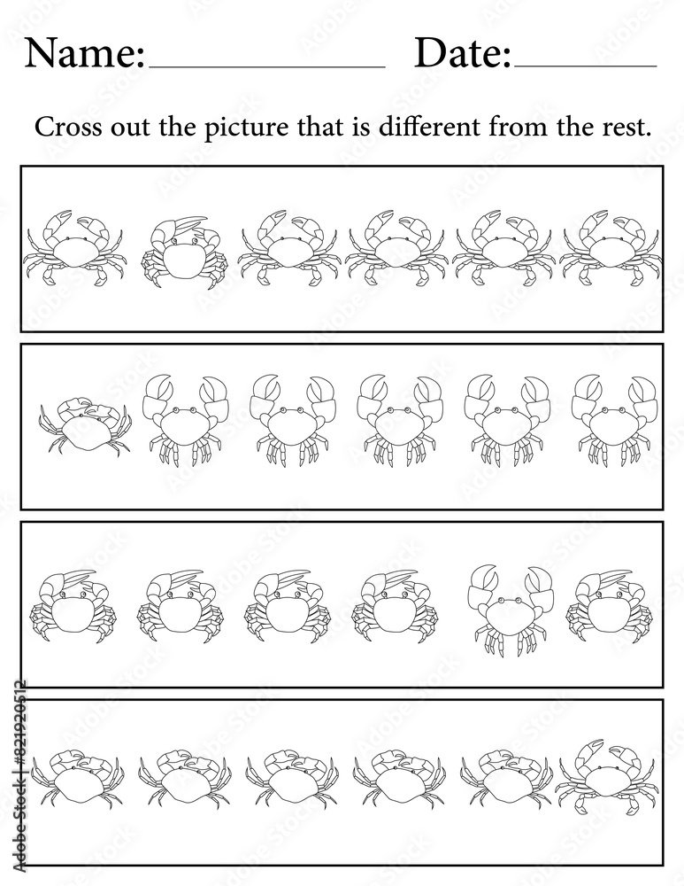 Fototapeta premium Crab Puzzle. Printable Activity Page for Kids. Educational Resources for School for Kids. Kids Activity Worksheet. Find the Different Object