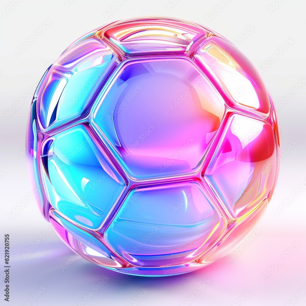 Naklejka premium Surreal holographic soccer ball shines on a white surface, creating a mesmerizing display of color and light.