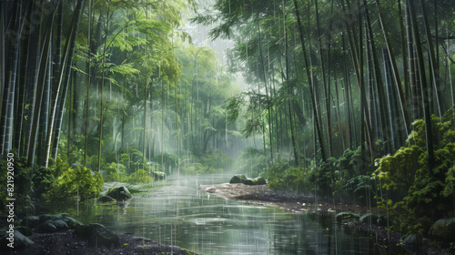 Rainy day, Bamboo forest. Beautiful landscape in a bamboo forest during the rain
