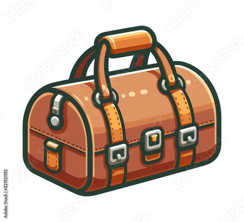 Vector illustration of a cartoon-style duffel bag with orange straps and buckles.