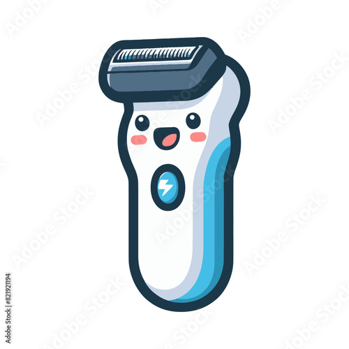 Cute vector illustration of a cartoon electric shaver with a smiling face, ideal for grooming and personal care themes.