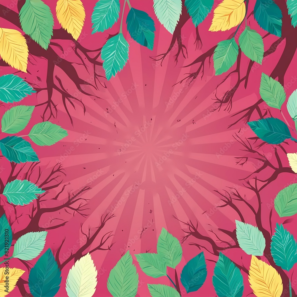 Pink background surrounded by scattered leaves and twigs, cartoon style Pink background surrounded by scattered leaves and twigs, cartoon style
