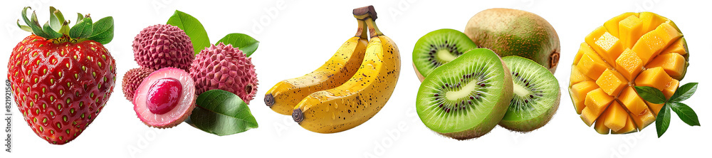 collection of fruits isolated on transparent background ,banana ,lychee ,kiwi ,mango ,strawberry ,generative ai collection of fruits isolated on transparent background ,banana ,lychee ,kiwi ,mango ,strawberry ,generative ai