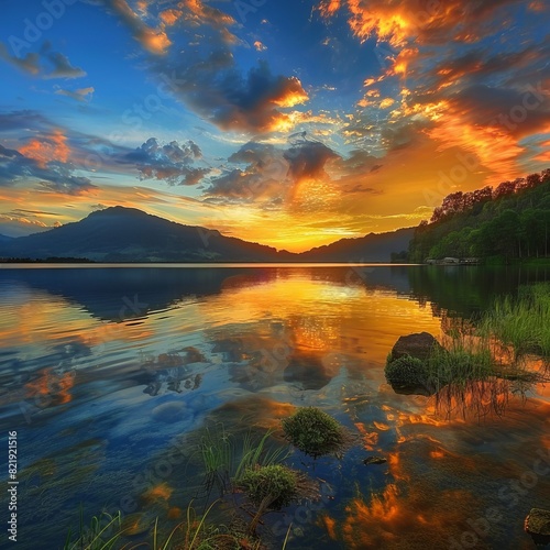 Beautiful sunset over lake buyan bali indonesia