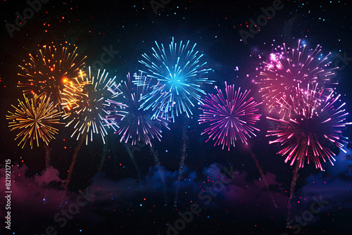 Colorful festive fireworks on black background. Generated by artificial intelligence