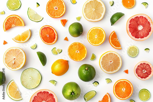 Top View of Exotic Fruits and Citrus Slices on a White Background 