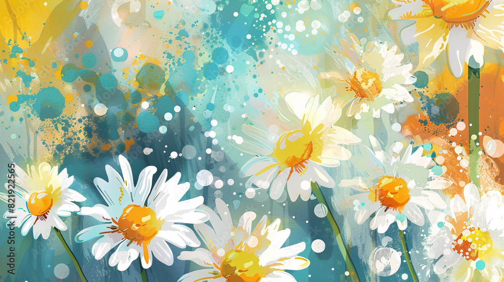 Obraz premium Painted background featuring daisies with splashes of vibrant colors and dynamic brush strokes
