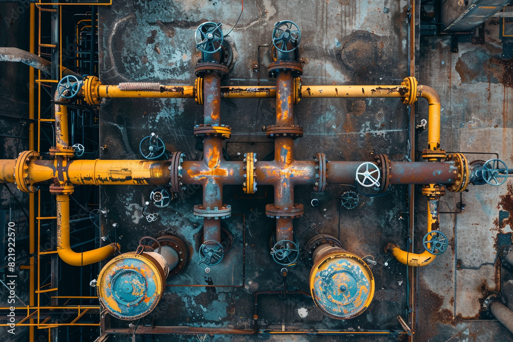 Top view of steel water piping structure with circulation pumps and valves in industrial building 