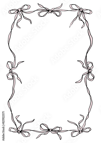 Coquette pretty charming heart bows frame bundle set vector Illustration, cute doodle decor, boho flat girl bow accessories. Ribbon isolated hand-drawn art. Trendy girly fancy concept. Holiday party