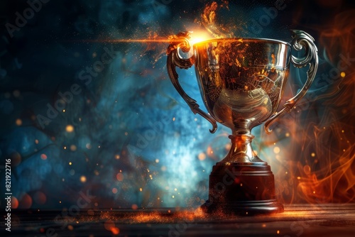 Glowing trophy with a dramatic spotlight and particles