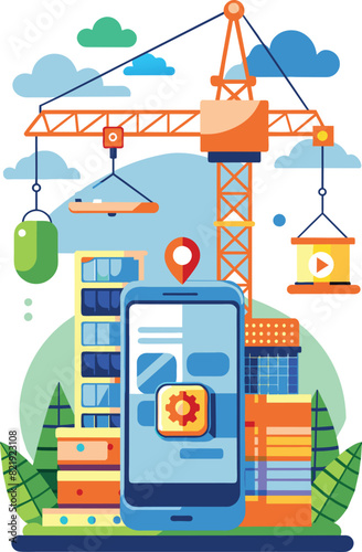 Crane building a mobile application. Flat illustration, vector illustration.