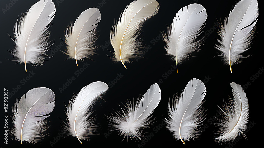 Fototapeta premium A set of different white fluffy bird feathers on a black background