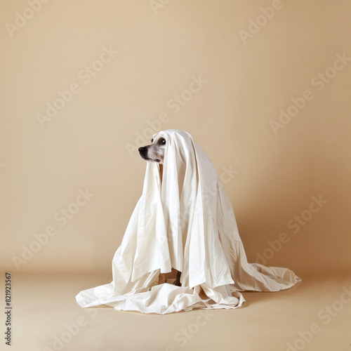 Dog in ghost costume with white sheet on beige background