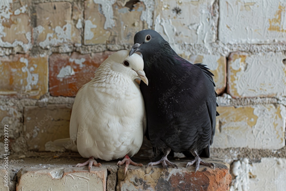 Fototapeta premium Two doves pigeons sit on a branch and hug, brick wall background