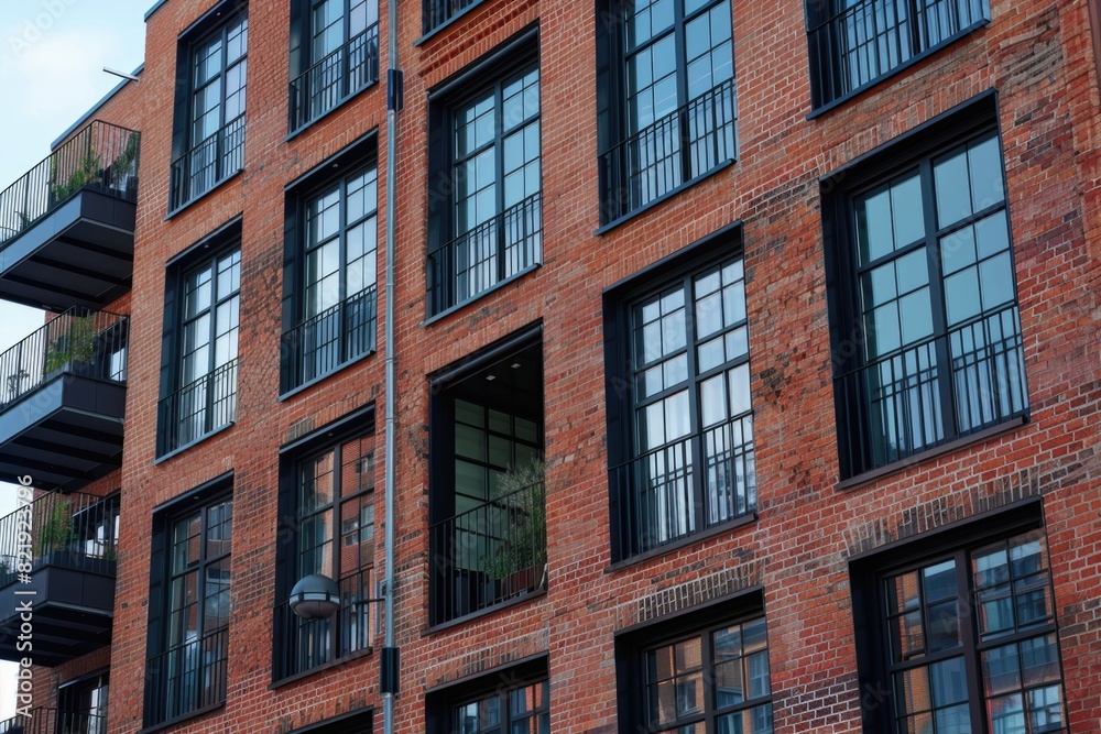 Brick Building Exterior. Commercial Red Brick Building with Black Accents and Balcony