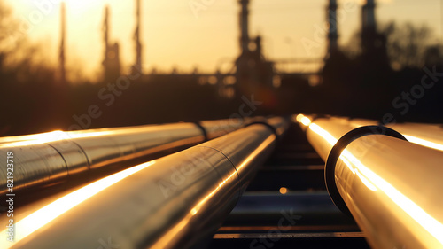 An oil pipeline in the background of sunset, a petrol refinery with a pipeline system