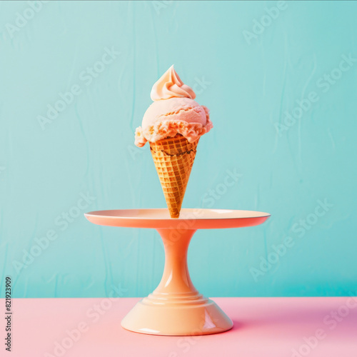 Vanilla ice cream cone on pastel cake stand
