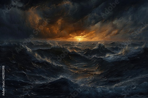 Dark Sea. Impending Storm at Sunset Over the Ocean Landscape #821923918