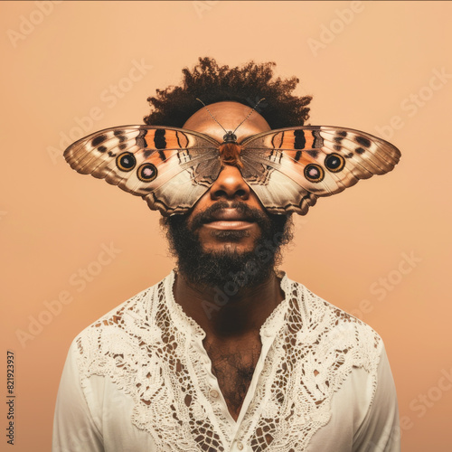 Surreal portrait of man with butterfly covering eyes